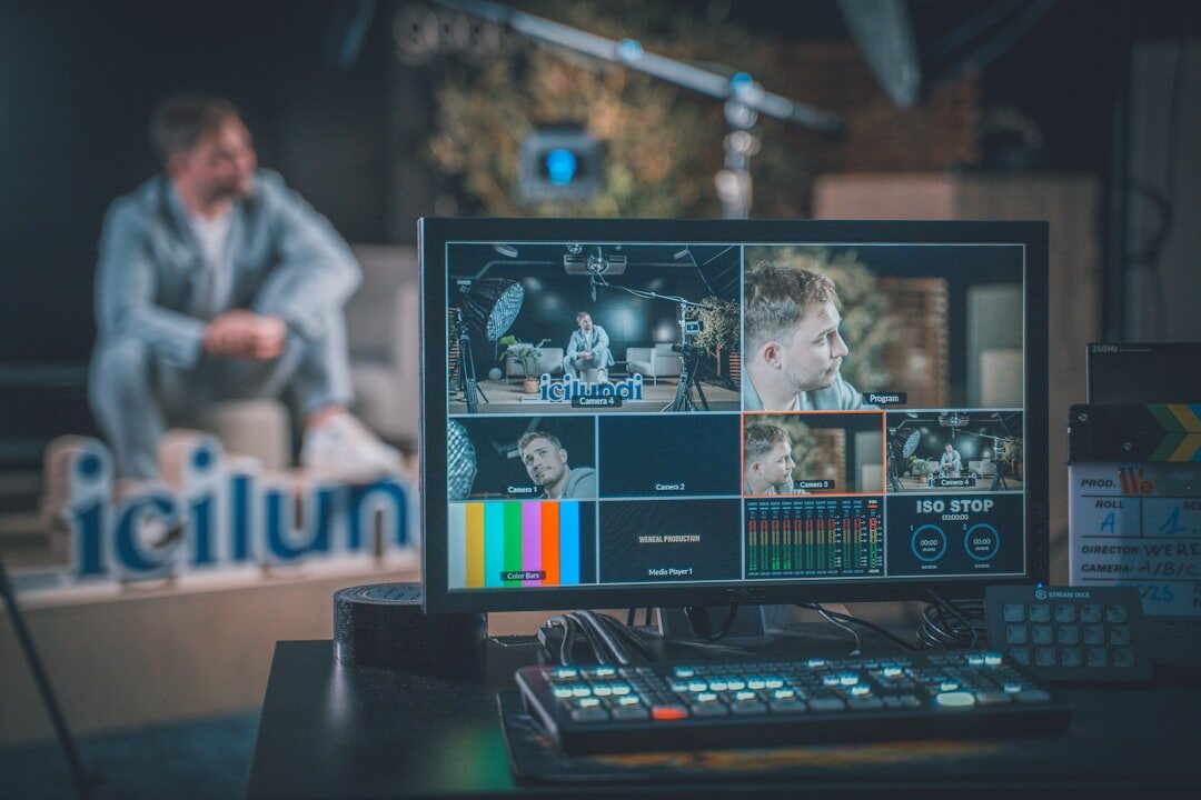 Television studio control room with multiple broadcast monitors